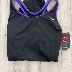 NWT high performance TYR swimsuit black with purple trim racer back size 38/L